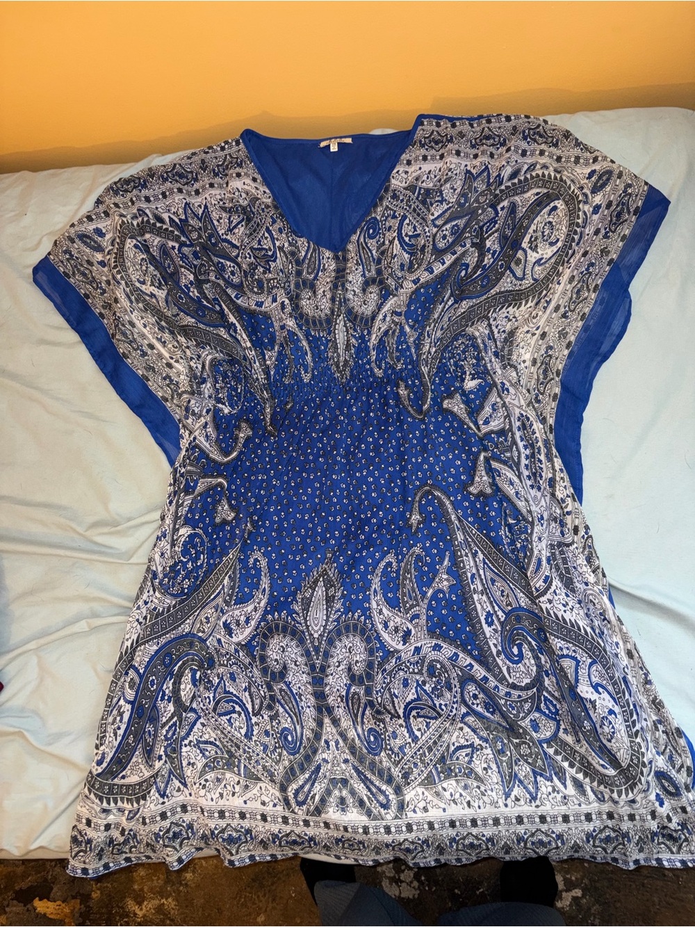 Women's Blue Paisley Kimono V-Neck Dress